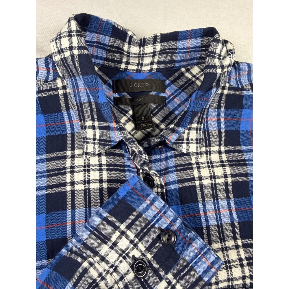 J.Crew Boy Shirt Blue White Plaid Flannel Button Down Size 2 Long Sleeve Cotton